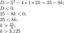 D=5^2-4*1*2k=25-8k;\\ D<0;\\ 25-8k<0;\\ 25<8k;\\ k\frac{25}{8};\\ k3.125