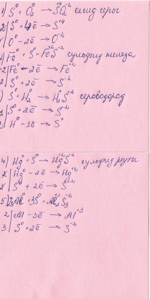 Коэффиценты , названия вещества и степень окисления s+o2=so2 fe+s=fes s+h2=h2s hg+s=hgs ae+s=ae2s3