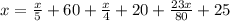 x=\frac{x}{5}+60+\frac{x}{4}+20+\frac{23x}{80}+25 