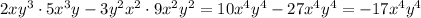 2xy^{3}\cdot5x^{3}y-3y^{2}x^{2}\cdot9x^{2}y^{2}=10x^{4}y^{4}-27x^{4}y^{4}=-17x^{4}y^{4}