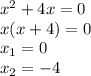 x^2+4x=0\\ x(x+4)=0\\ x_1=0\\ x_2=-4\\