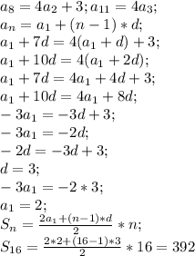 a_8=4a_2+3; a_{11}=4a_3;\\ a_n=a_1+(n-1)*d;\\ a_1+7d=4(a_1+d)+3;\\ a_1+10d=4(a_1+2d);\\ a_1+7d=4a_1+4d+3;\\ a_1+10d=4a_1+8d;\\ -3a_1=-3d+3;\\ -3a_1=-2d;\\ -2d=-3d+3;\\ d=3;\\ -3a_1=-2*3;\\ a_1=2;\\ S_n=\frac{2a_1+(n-1)*d}{2}*n;\\ S_{16}=\frac{2*2+(16-1)*3}{2}*16=392