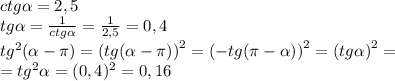 ctg\alpha=2,5\\ tg\alpha=\frac1{ctg\alpha}=\frac1{2,5}=0,4\\ tg^2(\alpha-\pi)=\left(tg(\alpha-\pi)\right)^2=\left(-tg(\pi-\alpha)\right)^2=\left(tg\alpha\right)^2=\\=tg^2\alpha=(0,4)^2=0,16