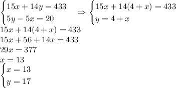 \begin{cases} 15x+14y = 433\\ 5y-5x = 20 \end{cases}\Rightarrow \begin{cases} 15x+14(4+x) = 433\\ y = 4+x \end{cases}\\ 15x+14(4+x) = 433\\ 15x+56+14x=433\\ 29x = 377\\ x=13\\ \begin{cases} x = 13\\ y = 17 \end{cases}