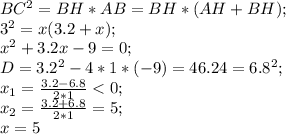 BC^2=BH*AB=BH*(AH+BH);\\ 3^2=x(3.2+x);\\ x^2+3.2x-9=0;\\ D=3.2^2-4*1*(-9)=46.24=6.8^2;\\ x_1=\frac{3.2-6.8}{2*1}<0;\\ x_2=\frac{3.2+6.8}{2*1}=5;\\ x=5