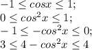 -1 \leq cos x \leq 1;\\0 \leq cos^2 x \leq 1;\\-1 \leq -cos^2 x \leq 0;\\3 \leq 4-cos^2 x \leq 4