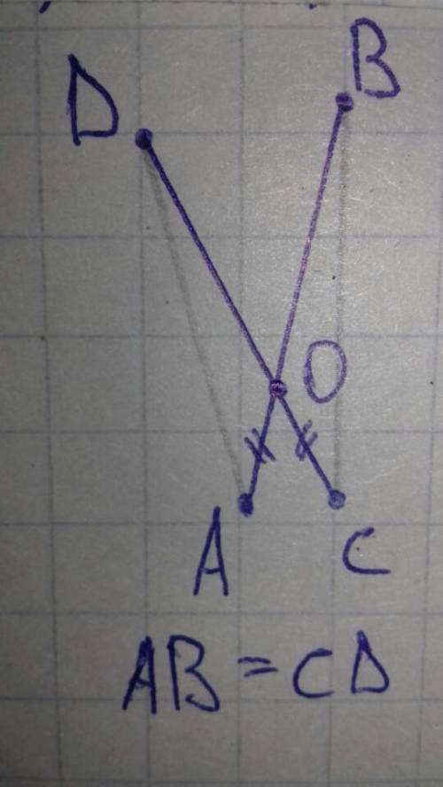 Отрезки равной длины ав и сд пересекаются в точке о так ,что ао=ос . докажите что угол авс = углу ад
