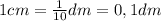 1cm = \frac{1}{10} dm = 0,1 dm