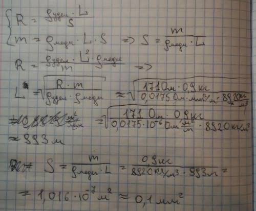 Определить длину медной проволоки l и площадь ее поперечного сечения s. известна масса медной провол