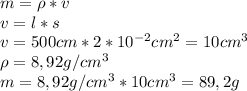 m=\rho*v\\ v=l*s\\ v=500cm*2*10^{-2}cm^2=10cm^3\\ \rho=8,92 g/cm^3\\ m=8,92 g/cm^3*10cm^3=89,2g\\ 