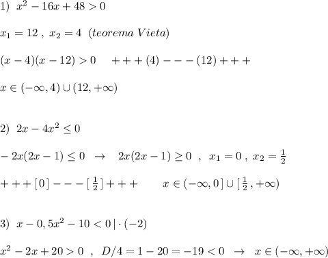 1)\; \; x^2-16x+480\\\\x_1=12\; ,\; x_2=4\; \; (teorema\; Vieta)\\\\(x-4)(x-12)0\; \; \; \; +++(4)---(12)+++\\\\x\in (-\infty ,4)\cup(12,+\infty )\\\\\\2)\; \; 2x-4x^2\leq 0\\\\-2x(2x-1)\leq 0\; \; \to \; \; \; 2x(2x-1)\geq 0\; \; ,\; \; x_1=0\; ,\; x_2=\frac{1}{2}\\\\+++[\, 0\, ]---[\, \frac{1}{2}\, ]+++\qquad x\in (-\infty ,0\, ]\cup [\, \frac{1}{2}\, ,+\infty )\\\\\\3)\; \; x-0,5x^2-10<0\, |\cdot (-2)\\\\x^2-2x+200\; \; ,\; \; D/4=1-20=-19<0\; \; \to \; \; x\in (-\infty ,+\infty )