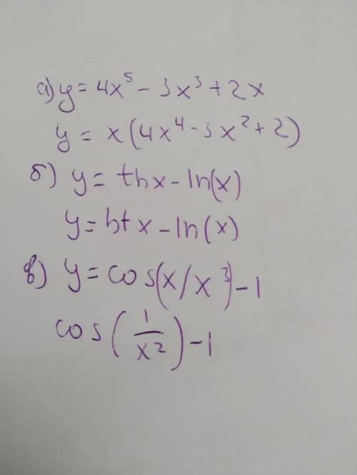 1. найдите y`a) y=4x^5-3x^3+2xб)y=thx-inxв)y=cosx/x^3-1​