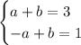 \begin{cases}a+b=3\\ -a+b=1\end{cases}