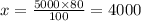 x = \frac{5000 \times 80}{100} = 4000