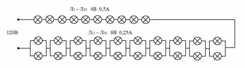 Для составления елочной гирлянды взяли десять лампочек мощности 2 вт, рассчитанных на напряжение 4 в