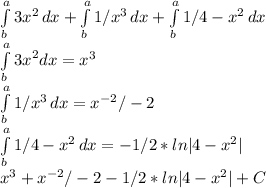 \int\limits^a_b {3x}^{2} \, dx+\int\limits^a_b {1/x^{3} } \, dx +\int\limits^a_b {1/4-x^{2} } \, dx \\\int\limits^a_b {3x}^{2}dx = x^{3} \\\int\limits^a_b {1/x^{3} } \, dx=x^{-2}/-2\\ \int\limits^a_b {1/4-x^{2} } \, dx= -1/2*ln|4-x^{2} |\\x^{3}+ x^{-2}/-2-1/2*ln|4-x^{2} |+C\\\\