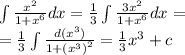 \int \frac{ {x}^{2} }{1 + {x}^{6} } dx = \frac{1}{3} \int \frac{3 {x}^{2} }{1 + {x}^{6} } dx = \\ = \frac{1}{3} \int \frac{d( {x}^{3}) }{1 + { ({x}^{3} )}^{2} } = \frac{1}{3} \arctg {x}^{3} + c