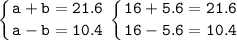 \displaystyle\tt\left \{ {{a+b=21.6} \atop {a-b=10.4}} \right. \left \{ {{16+5.6=21.6} \atop {16-5.6=10.4}} \right.