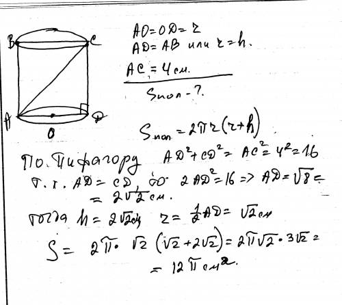 Осевое сечение цилиндра – квадрат, диагональ которого равна 4 см. найдите площадь полной поверхности