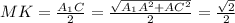 MK=\frac{A_1C}{2} =\frac{\sqrt{A_1A^2+AC^2} }{2} =\frac{\sqrt{2} }{2}