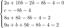 \begin{cases}2a + 10b - 2k -8b-4 = 0\\c = -8b-4\\8a + 8k -8b-4 = 2\\9a + b + 9k -8b-4 = 2\end{cases}