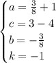 \begin{cases}a = \frac{3}{8} +1\\c =3 -4\\b = - \frac{3}{8} \\k = -1\end{cases}