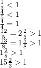 \frac{1}{3} < 1 \\ \frac{4}{5} < 1 \\ \frac{4}{4} = 1 \\ \frac{12}{5} = 2 \frac{2}{5} 1 \\ \frac{13}{8} = 1 \frac{5}{8} 1 \\ 1 \frac{2}{8} 1 \\ 15 \frac{2}{3} 1