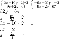 \left \{ {{3x-10y=1| *3} \atop {9x+2y=67}} \right. \left \{ {{-9x+30y=-3} \atop {9x+2y=67}} \right.\\32y=64\\y=\frac{64}{32}=2\\3x-10*2=1\\3x=21\\x=\frac{21}{3} =7