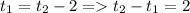 t_{1}=t_{2} -2 = t_{2}-t_{1}=2