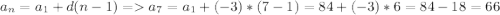 a_n=a_1+d(n-1)=a_7=a_1+(-3)*(7-1)=84+(-3)*6=84-18=66