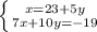 \left \{ {{x=23+5y} \atop {7x+10y=-19}} \right.