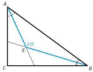 Втреугольнике abc угол с = 90 градусов. биссектрисы углов а и в пересекаются в точке . е найти: угол