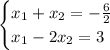 \begin{cases}x_1+x_2=- \frac{6}{2} \\ x_1-2x_2=3\end{cases}