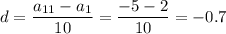 d= \dfrac{a_{11}-a_1}{10}= \dfrac{-5-2}{10} =-0.7 