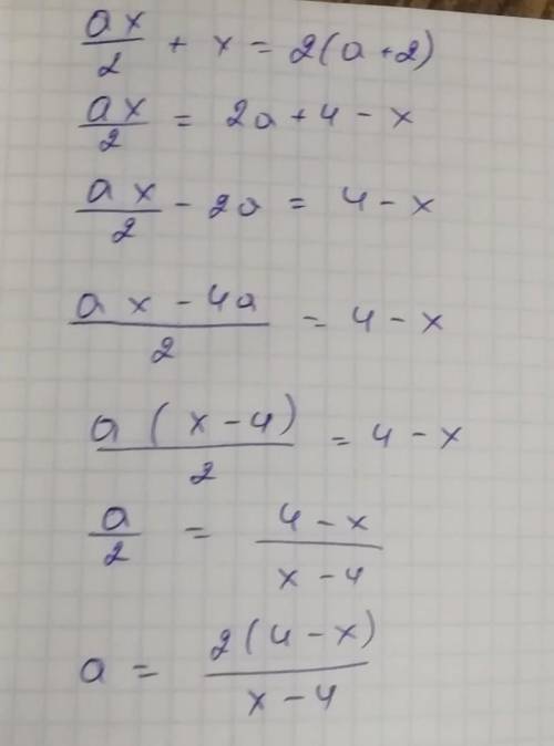 Решите уравнение ax/2 + x = 2(a + 2) относительно х.