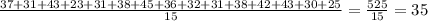 \frac{37 + 31 + 43 + 23 + 31 + 38 + 45 + 36 + 32 + 31 + 38 + 42 + 43 + 30 + 25}{15} = \frac{525}{15} = 35