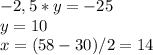 -2,5*y = -25\\y = 10\\x = (58-30)/2 = 14