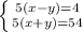 \left \{ {{ 5(x-y)=4 } \atop { 5(x+y)=54 }} \right.