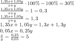 \frac{1,35x+1,05y}{x+y}\cdot100\%-100\%=30\%\\\frac{1,35x+1,05y}{x+y}-1=0,3\\\frac{1,35x+1,05y}{x+y}=1,3\\1,35x+1,05y=1,3x+1,3y\\0,05x=0,25y\\\frac xy=\frac{0,25}{0,05}=5