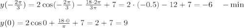 y(-\frac{2 \pi }{3 })=2\cos(- \frac{2 \pi }{3} )-\frac{18 \cdot2 \pi }{ 3\pi }+7=2\cdot(-0.5)-12+7=-6~~~-\min\\ \\ y(0)=2\cos0+\frac{18 \cdot0 }{ \pi }+7=2+7=9