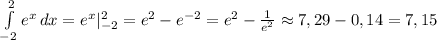 \int\limits^2_{-2} {e^x} \, dx =e^x |\limits^2_{-2}= e^2-e^{-2}=e^2 - \frac{1}{e^2} \approx 7,29 - 0,14 = 7,15