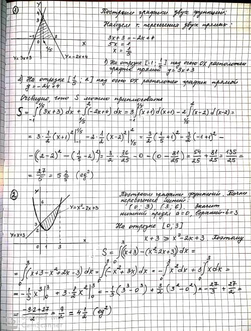 Вычислить площадь фигуры ограниченной линиями1)y=3x+3, y=-2x+4, y=02)y=x^2-2x+3, y=x+3​