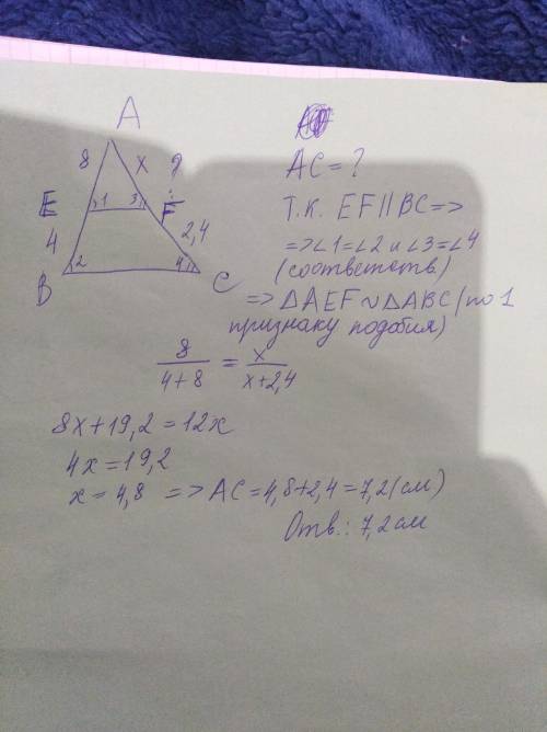Найдите сторону ac треугольника abc, если ef параллельна bc, ae=8см, eb=4см, fc=2,4см