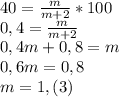 40=\frac{m}{m+2} *100\\0,4=\frac{m}{m+2} \\0,4m+0,8=m\\0,6m=0,8\\m=1,(3)