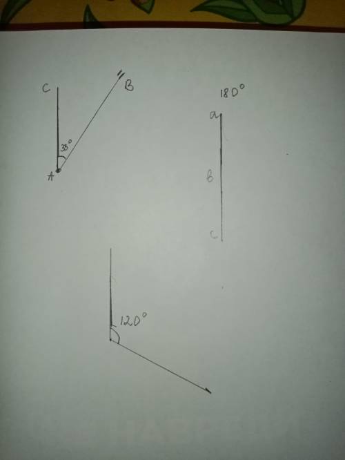 Постройте угол сав равный 35 градусов, угол авс, равный 180 градусов, угол ров равный 120 градусов.