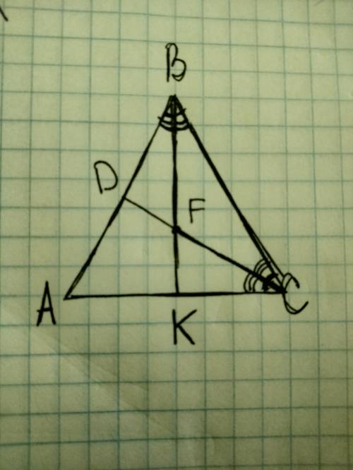 Втреугольнике abc угол abc равен углу acb биссектрисы cd и bk пересекаются в точке f. докажите что т