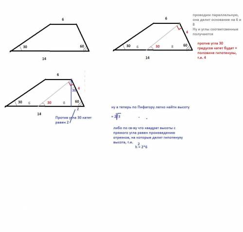 Основание трапеции равен 6дм и 14 дм углы при большом основании 60 и 30 градусов найти высоту трапец