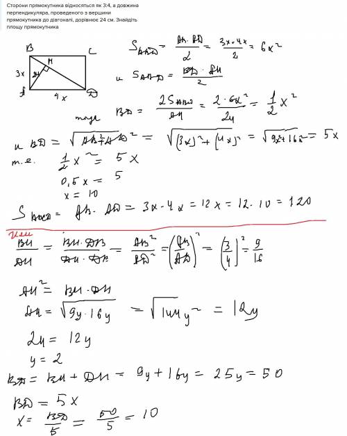 Сторони прямокутника відносяться як 3: 4, а довжина перпендикуляра, проведеного з вершини прямокутни