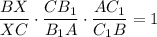 \dfrac{BX}{XC} \cdot \dfrac{CB_1}{B_1A} \cdot \dfrac{AC_1}{C_1B} =1