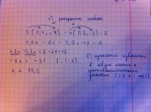 Решите уравнение: 3(0,4х+7)-4(0,8х-3)=2 , я вас .